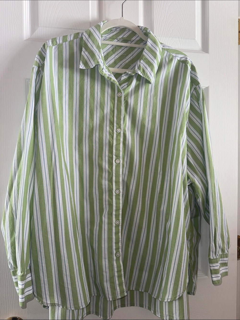 aerie Light Green and White Vertical Stripe Button-Down Shirt